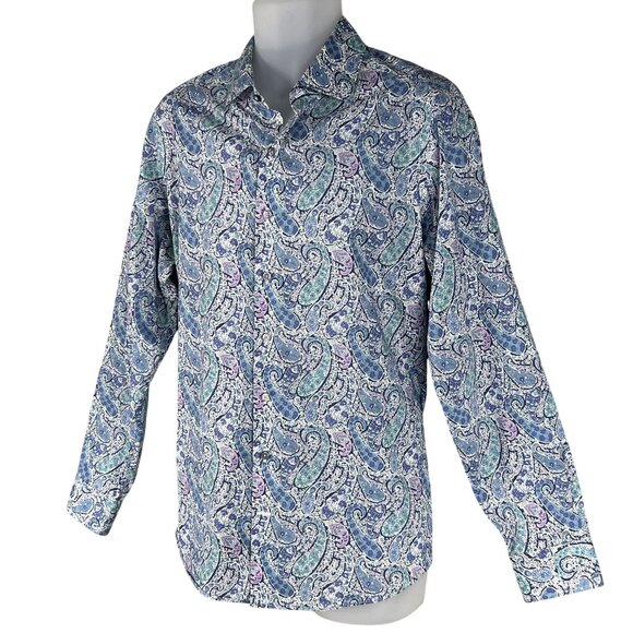 70s Psychedelic Blue Purple Paisley Long Sleeve Mens Button Up Shirt Italy Woven - Picture 6 of 15